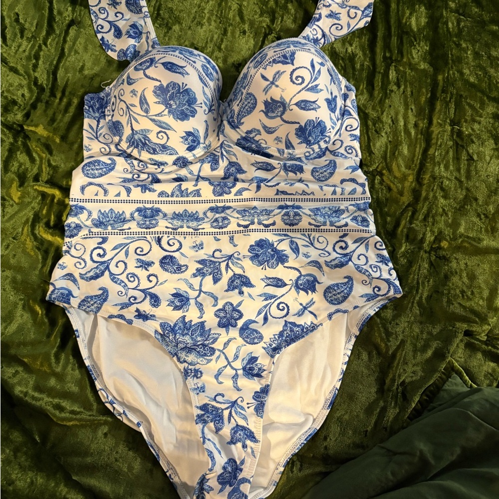 Blue & White Floral One Piece Swimsuit 2XL | Cottagecore Summer Swimwear